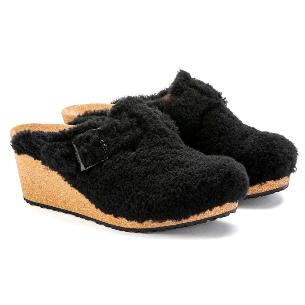 New Papillio Birkenstock Fanny Teddy Wedge Mule- Black Shearling Sherpa
